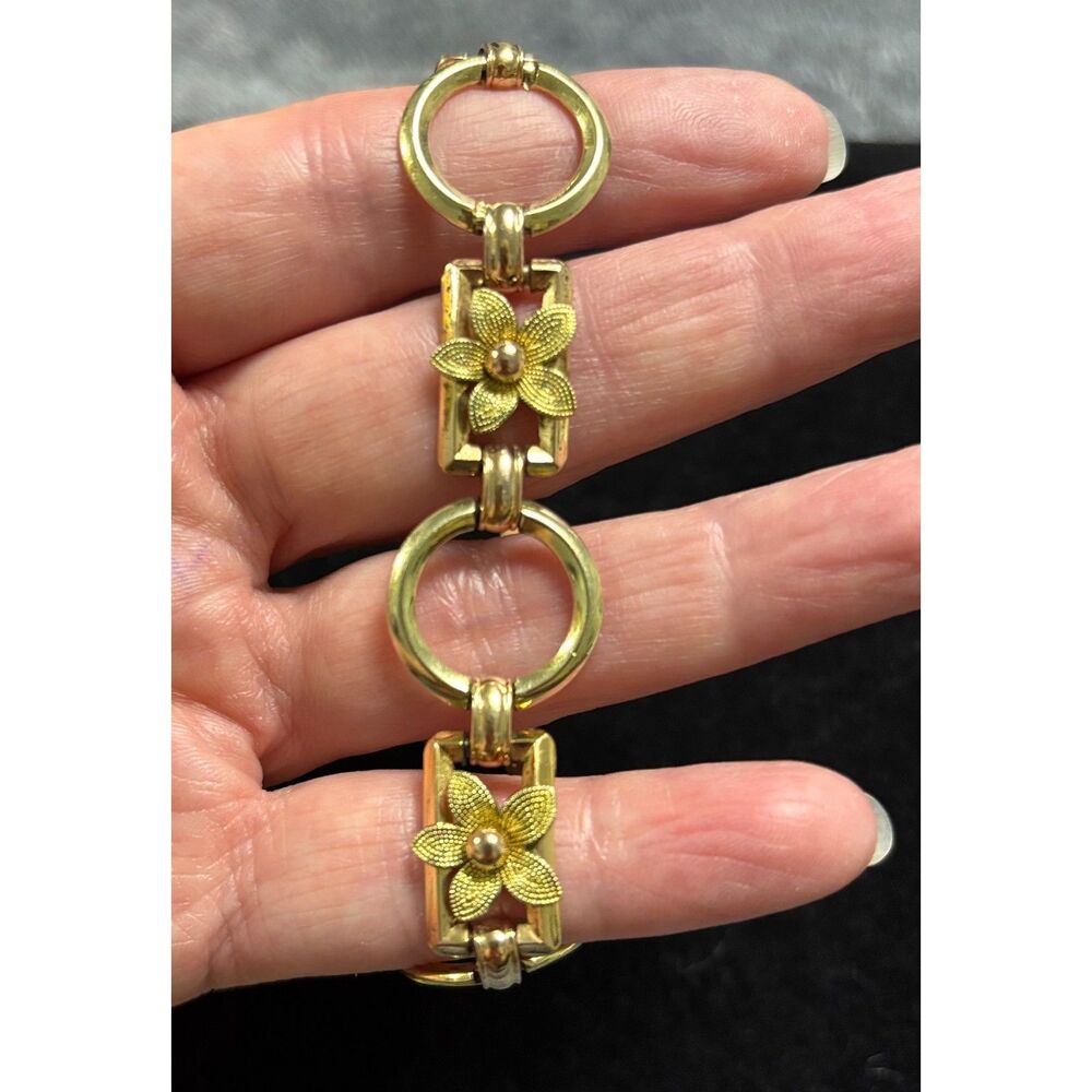 VTG Krementz Diana Line 14K Two Tone Gold Overlay Floral Link Bracelet